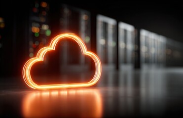 Glowing cloud symbol in a server room representing cloud computing and data storage solutions on a dark floor