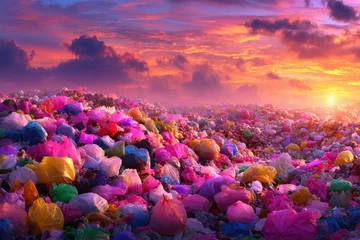 Fototapete A surreal landscape of colorful plastic bags against a vibrant sunset sky creating an abstract yet disturbing scene, highlighting pollution and environmental issues impact. © whitestorm