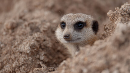 Fototapeta premium Meerkat peeks out from sandy mound, its eyes reflecting curiosity