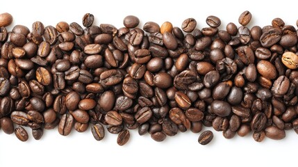 Fototapeta premium Rich brown coffee beans scattered on a clean white background, closeup view closeup