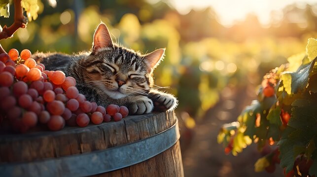 A curious cat napping on a sunlit wine barrel in a countryside vineyard