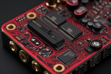 A detailed close-up of a red and black printed circuit board with microchips, showcasing intricate design and technology components used in electronic devices.