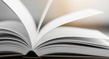 Open book with fanned pages and blurry background. Concept of knowledge, education, reading, literature. Close up shot.