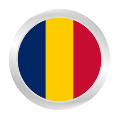 The Chad flag.  Silver frame. Circle flag icon logo. Round glossy. Flag icon. Standard color. Digital illustration. 