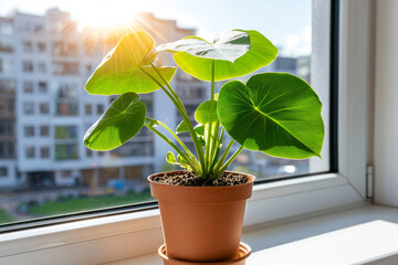 Sunlight warms a potted plant on a bright windowsill