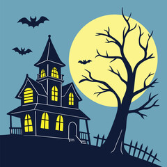 Spooky halloween house with bats and full moon