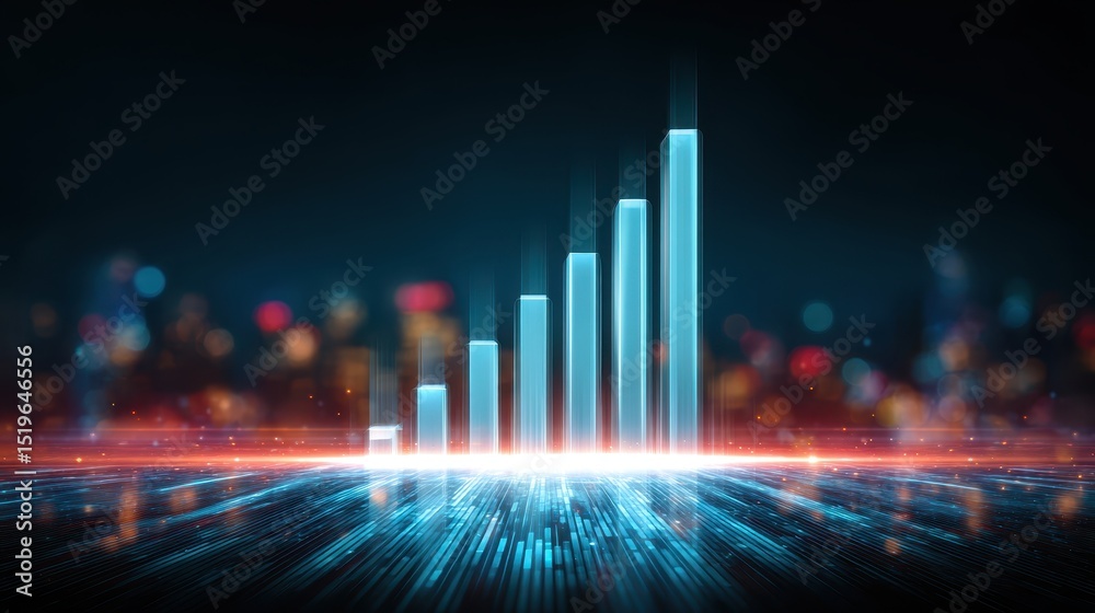 Poster abstract digital visualization of rising data graphs against a colorful backdrop.
