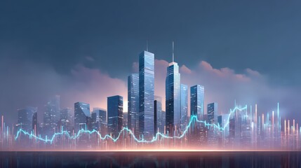 Fototapeta premium Futuristic city skyline with skyscrapers and digital graphs, reflecting economic growth and innovation.