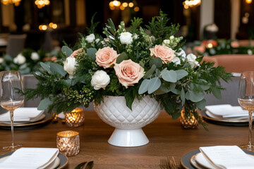 Fresh flowers in a decorative vase on a wooden dining table