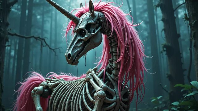 Skeleton unicorn with pink mane standing in dark enchanted forest surrounded by mist. Fantasy gothic concept