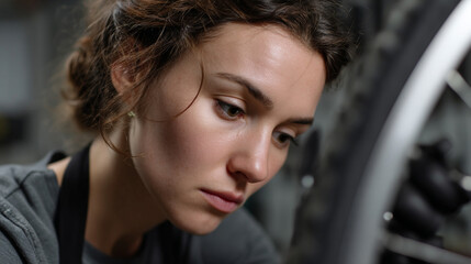 A woman repairing a bicycle in a workshop.