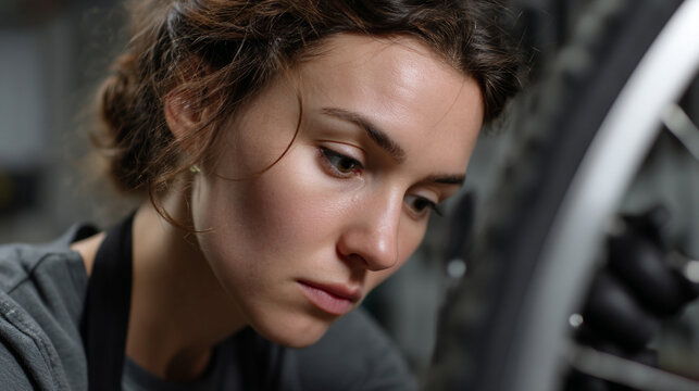 A woman repairing a bicycle in a workshop.