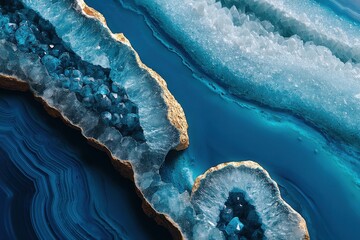 Obraz premium Close-up of a Geode Formation Featuring Crystalline Structures and Deep Blue Agate Banding, Showing Intricate Textures and Geological Beauty with Golden rims.