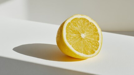 Vibrant yellow lemon half, detailed closeup on white background closeup
