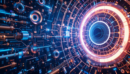 Obraz premium Title: Futuristic Circular Digital Interface with Glowing Blue and Orange Elements, High-Tech Cyber Design