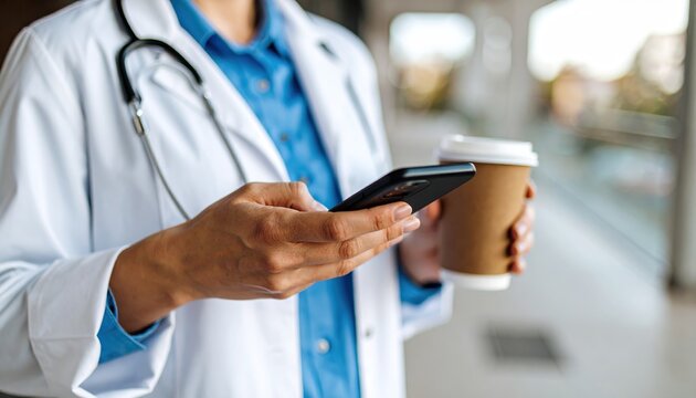 Female doctor using cell phone on coffee break at hospital