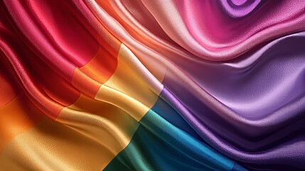 Luxurious silk pride flag fabric types flowing in vibrant rainbow colors with glossy satin texture and elegant drapery