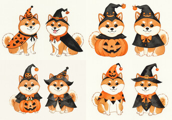 Shiba Inu Halloween Costume Clipart - Adorable Shiba Inu dogs dressed in cute Halloween costumes, pumpkins, witch hats, and capes. Perfect for autumn celebrations, greeting cards