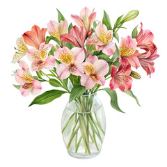 Watercolor Painting of Alstroemeria Flowers in a Glass Vase on transparent Background