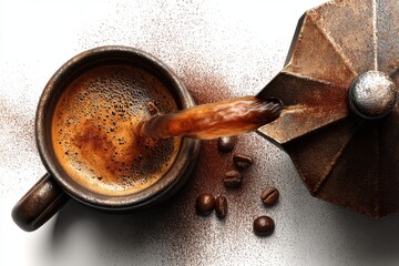 Pouring freshly brewed coffee from a moka pot into a ceramic cup, surrounded by scattered coffee beans and a dusting of coffee grounds, showcasing a rich, aromatic experience.