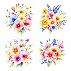 Obraz premium Bright spring bouquets featuring pink yellow purple and blue blooms with gentle expressive brushstrokes
