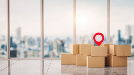 Multiple cardboard boxes are stacked on the floor in front of large windows, revealing a bright view of a bustling cityscape