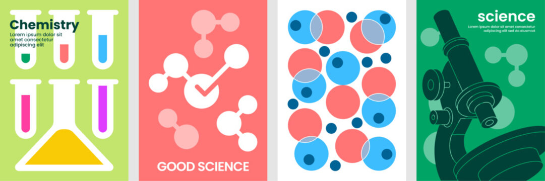 Colorful modern science and chemistry poster set with lab equipment, molecular structure, atoms, and microscope illustrations.