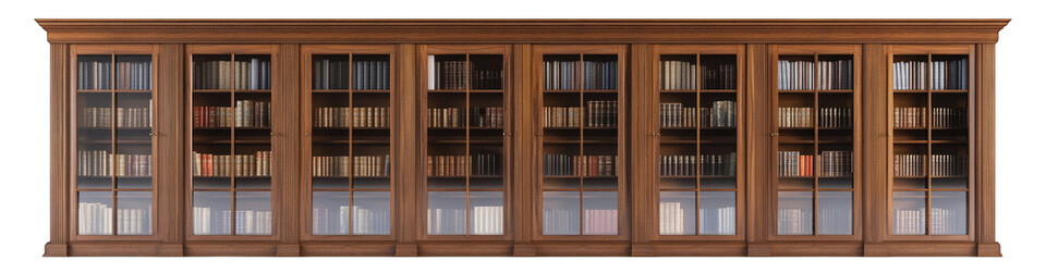Long wooden bookcase with glass doors