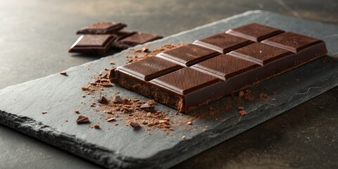 Eco-friendly luxury as a product and lifestyle concept. Delicious dark chocolate on a slate background.