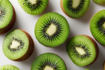 Fototapeta premium Close-up of fresh juicy kiwi fruit halves arranged on a white surface, vibrant green color and detailed texture highlight the natural beauty and freshness.