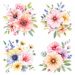 Obraz premium Watercolor floral illustration set with delicate flowers and leaves, isolated on white background