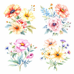 Watercolor floral illustration set with delicate flowers and leaves, isolated on white background