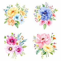 Watercolor floral illustration set with delicate flowers and leaves, isolated on white background