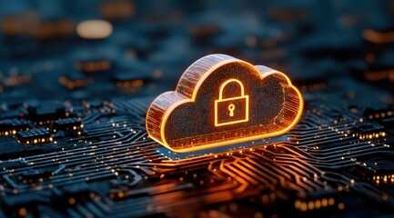 Glowing cloud with padlock on a circuit board representing secure cloud computing technology concept