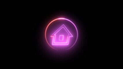 Neon Home Icon Glowing in a Circle on a Black Background for Technology neon pink
