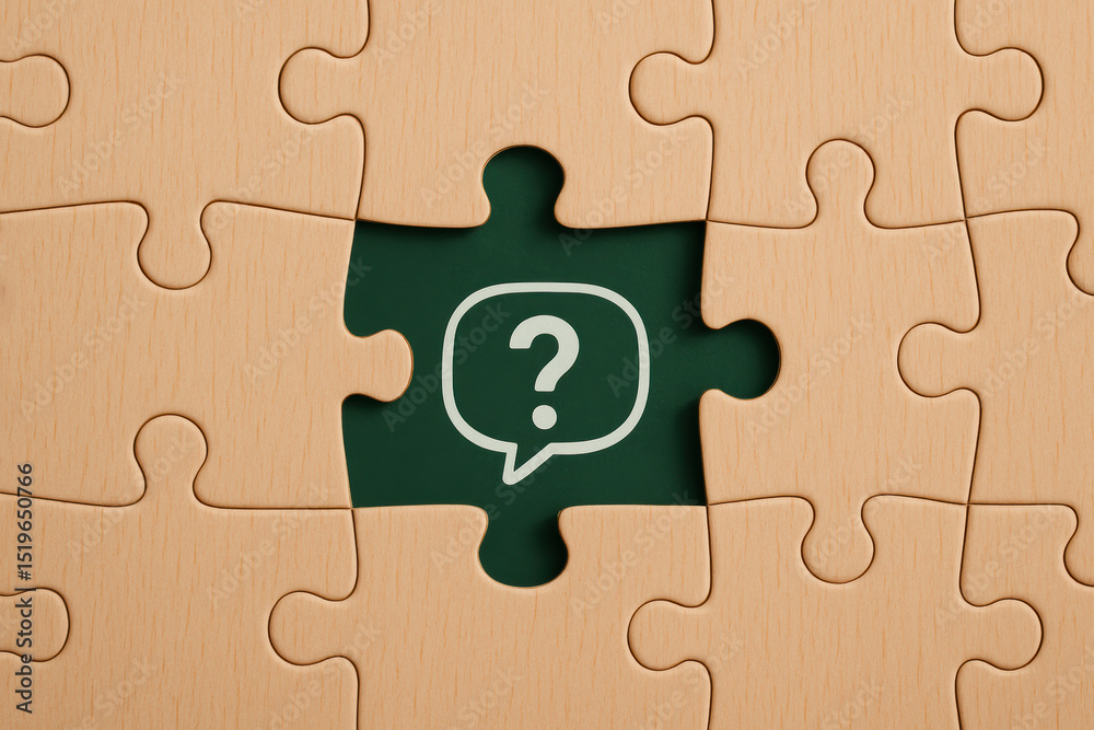 Poster a missing puzzle piece reveals a question mark symbol representing uncertainty and problem-solving i