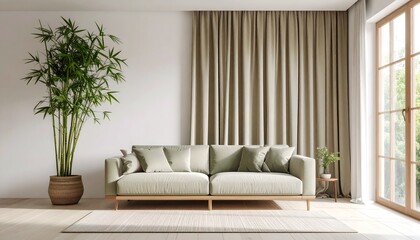 Japandi-Style Living Room with Bamboo Decor. Interior Design Mockup