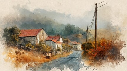 Picturesque painting of a serene rural road leading to charming country house scenic