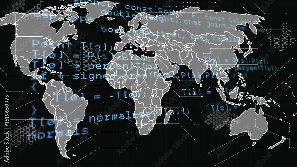 Aufkleber On code load world map showing scrolling code and animating circuit grid visualizing global data