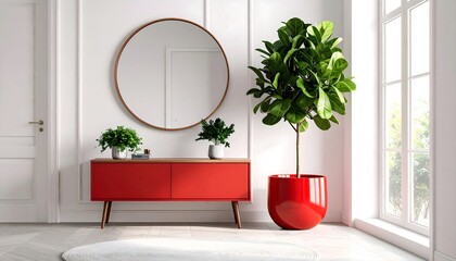 Minimalist Entryway with Colorful Planter and Ficus. Interior Design Mockup