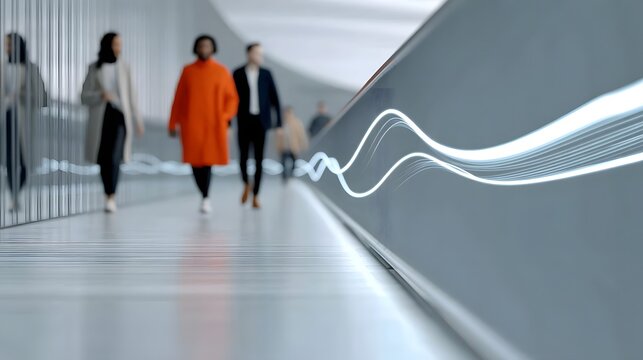 People walking through a high-rise corridor with a digital data stream overlay.