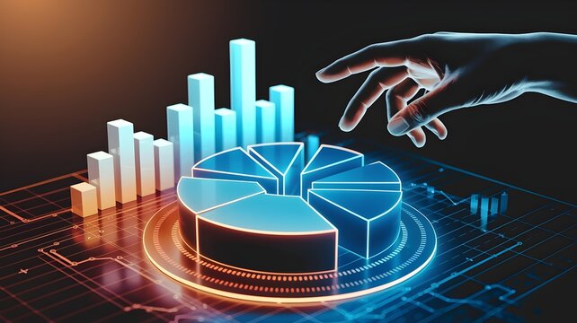 Analyzing Business Data: A close-up showcases an illuminating financial pie chart and bar graph, with a hand interacting, signifying the dynamic realm of data visualization, investment and innovation.