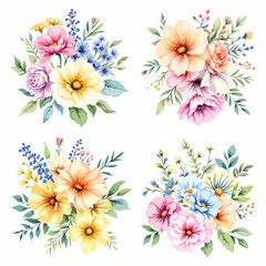 Set of floral bouquet isolated on white background with classical  flowers