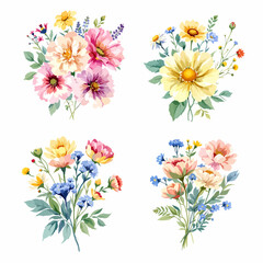 Set of floral bouquet isolated on white background with classical  flowers