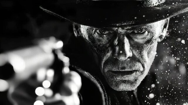A black and white photo of a man with a gun