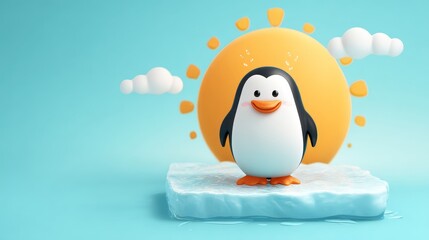 Obraz premium Worried penguin sweating under intense sunlight while standing alone on melting ice block floating in the ocean, symbolizing global warming, climate change, and polar wildlife endangerment