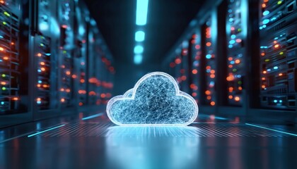 Blue digital cloud in a server room with glowing lights and reflective floor showing data storage concept