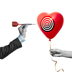 A hand with a dart aims at a target on a balloon.