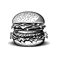 Cheeseburger woodcut engraving vector illustration