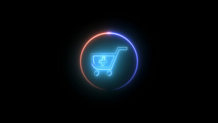 Glowing Neon Shopping Cart with Plus Sign in a Circular Border on Black neon blue